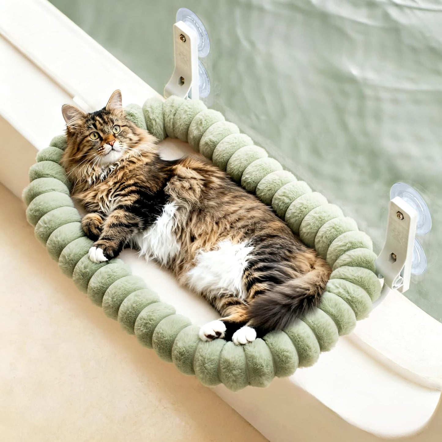 EDAGNY Katzen Fensterliege Hängematte Weich Mit Abnehmbarem Wendebezug - Katzen Hängematte Fenster Mit Stabiles Stahlgestell Halt Bis 18Kg, Creme M