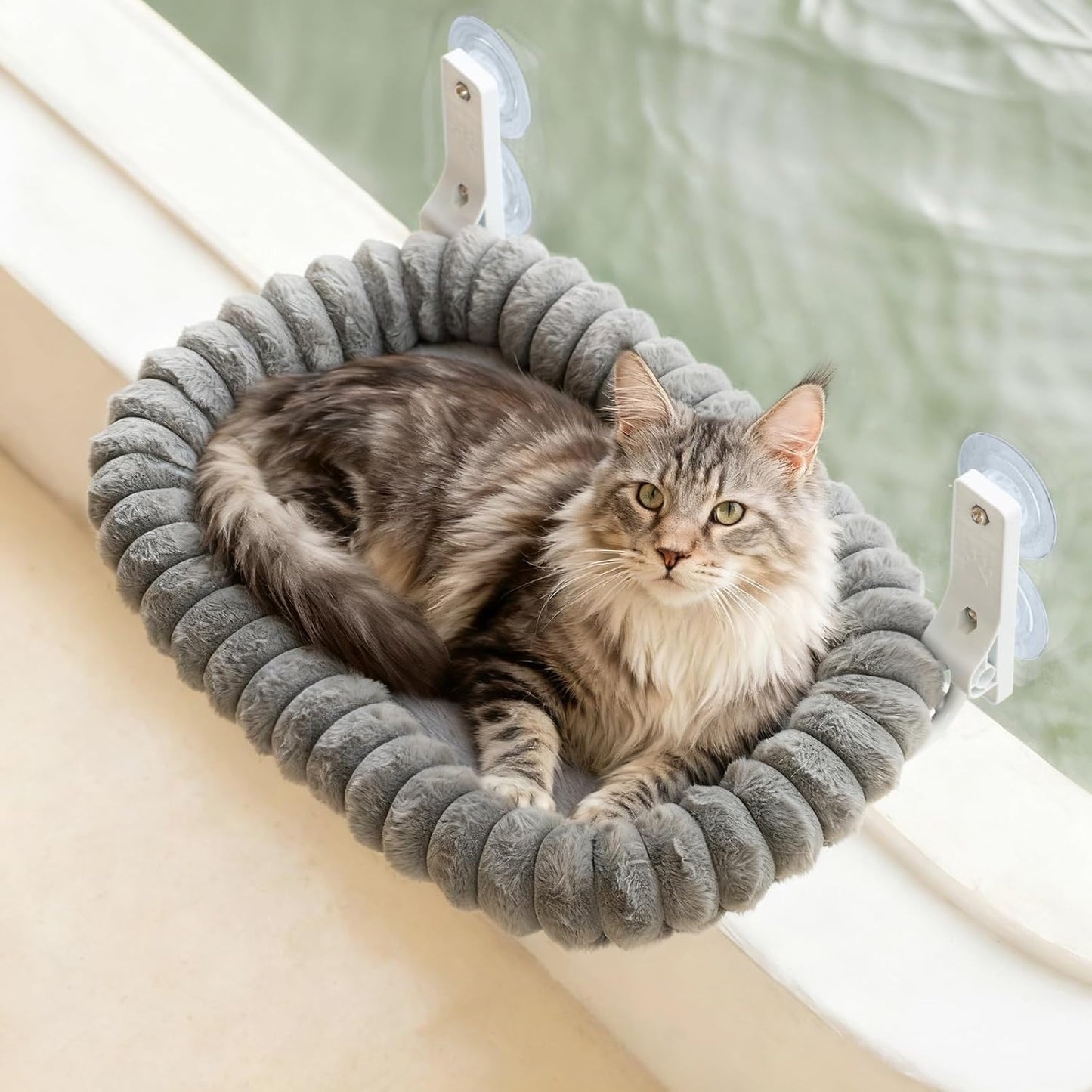 EDAGNY Katzen Fensterliege Hängematte Weich Mit Abnehmbarem Wendebezug - Katzen Hängematte Fenster Mit Stabiles Stahlgestell Halt Bis 18Kg, Creme M