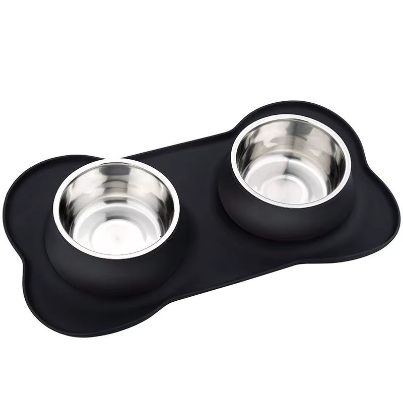 Antislip Double Dog Bowl with Silicone Mat Durable Stainless Steel No Spill Pet Feeding Bowl Drinking Water Food Feeder