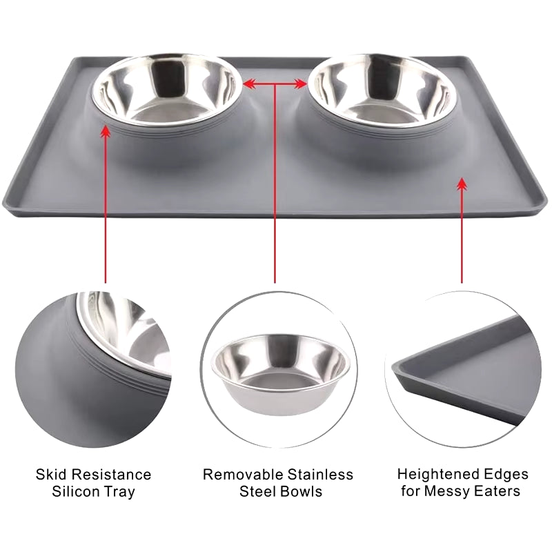 Stainless Steel Double Dog Bowl with Silicone Mat Nontoxic Nonslip No Spill Pet Water Food Bowl Cat Puppy Feed Drinking