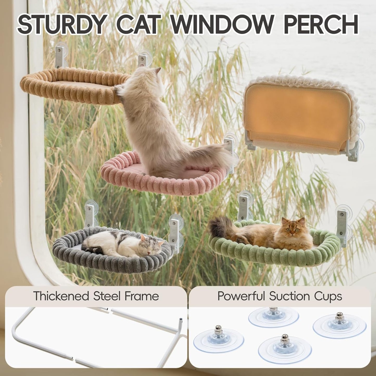 EDAGNY Katzen Fensterliege Hängematte Weich Mit Abnehmbarem Wendebezug - Katzen Hängematte Fenster Mit Stabiles Stahlgestell Halt Bis 18Kg, Creme M