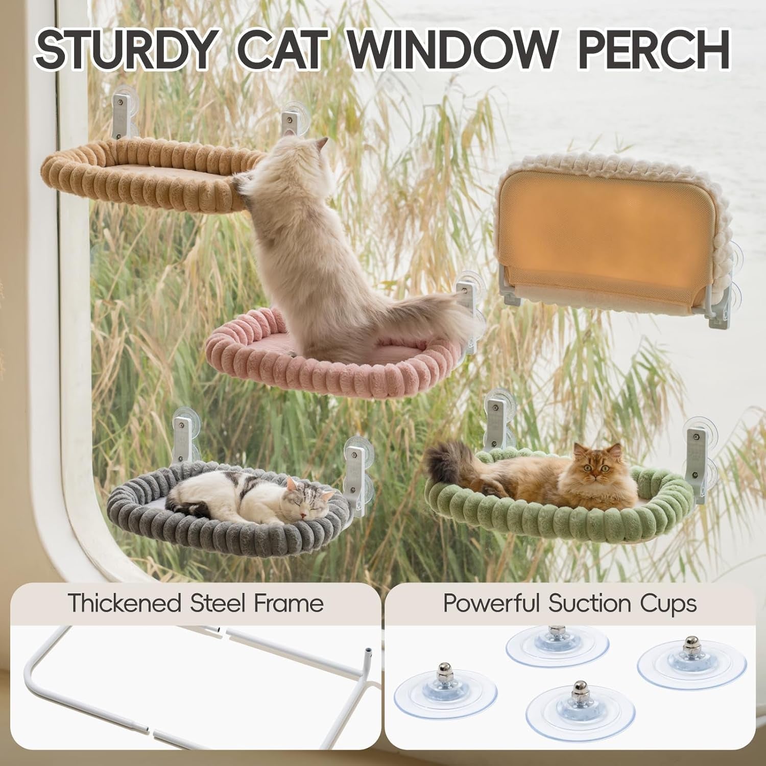EDAGNY Katzen Fensterliege Hängematte Weich Mit Abnehmbarem Wendebezug - Katzen Hängematte Fenster Mit Stabiles Stahlgestell Halt Bis 18Kg, Creme M
