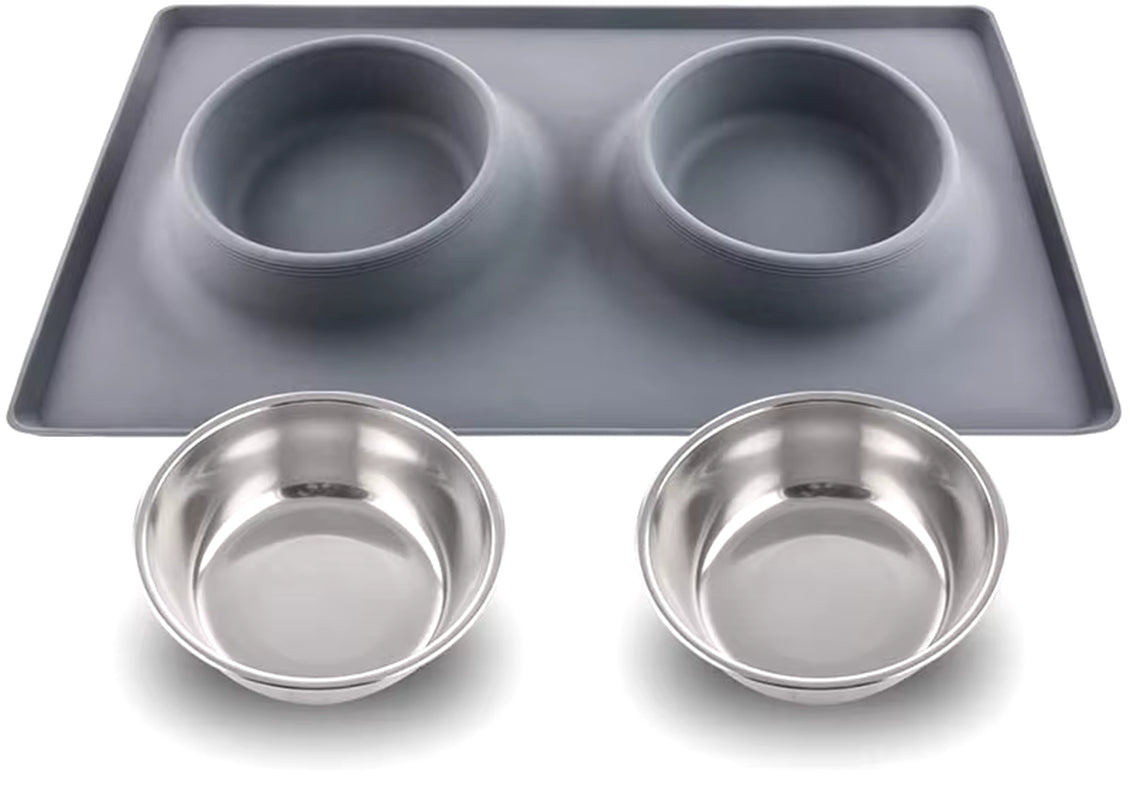 Stainless Steel Double Dog Bowl with Silicone Mat Nontoxic Nonslip No Spill Pet Water Food Bowl Cat Puppy Feed Drinking