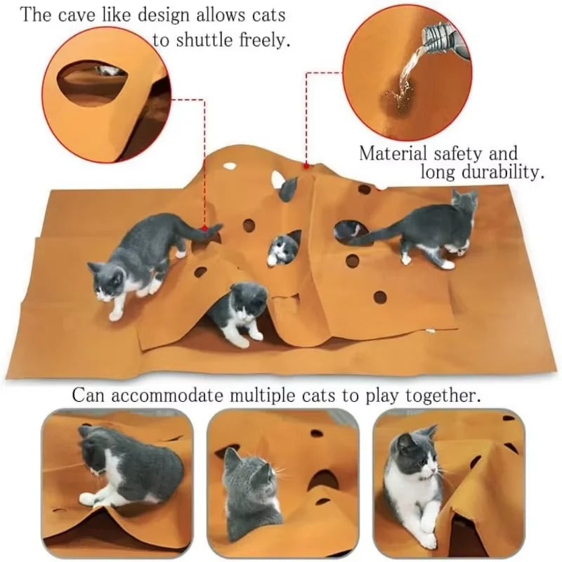 Foldable Cat Activity Mat Indoor Play Blanket, Scratch-Resistant Felt Tunnel Pad for Climbing Jumping and Daily Exercise