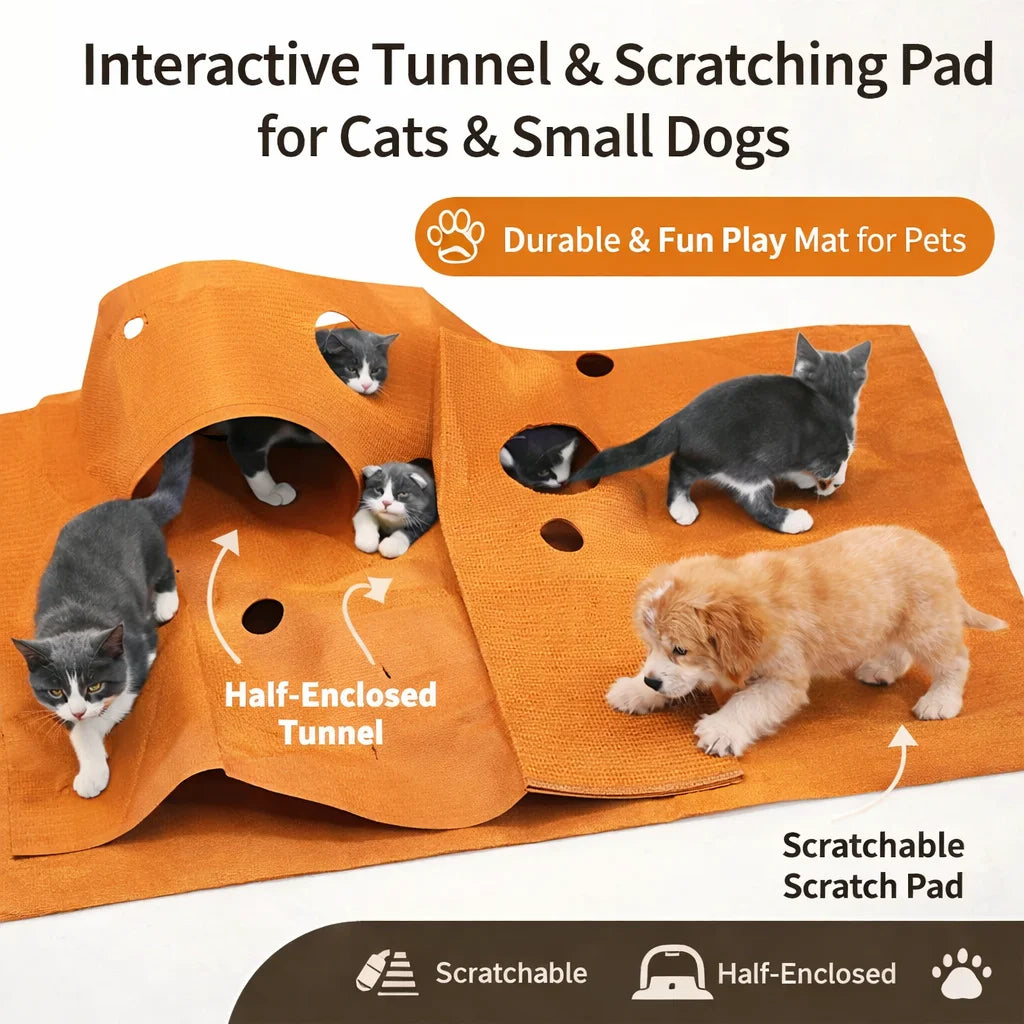 Foldable Cat Activity Mat Indoor Play Blanket, Scratch-Resistant Felt Tunnel Pad for Climbing Jumping and Daily Exercise