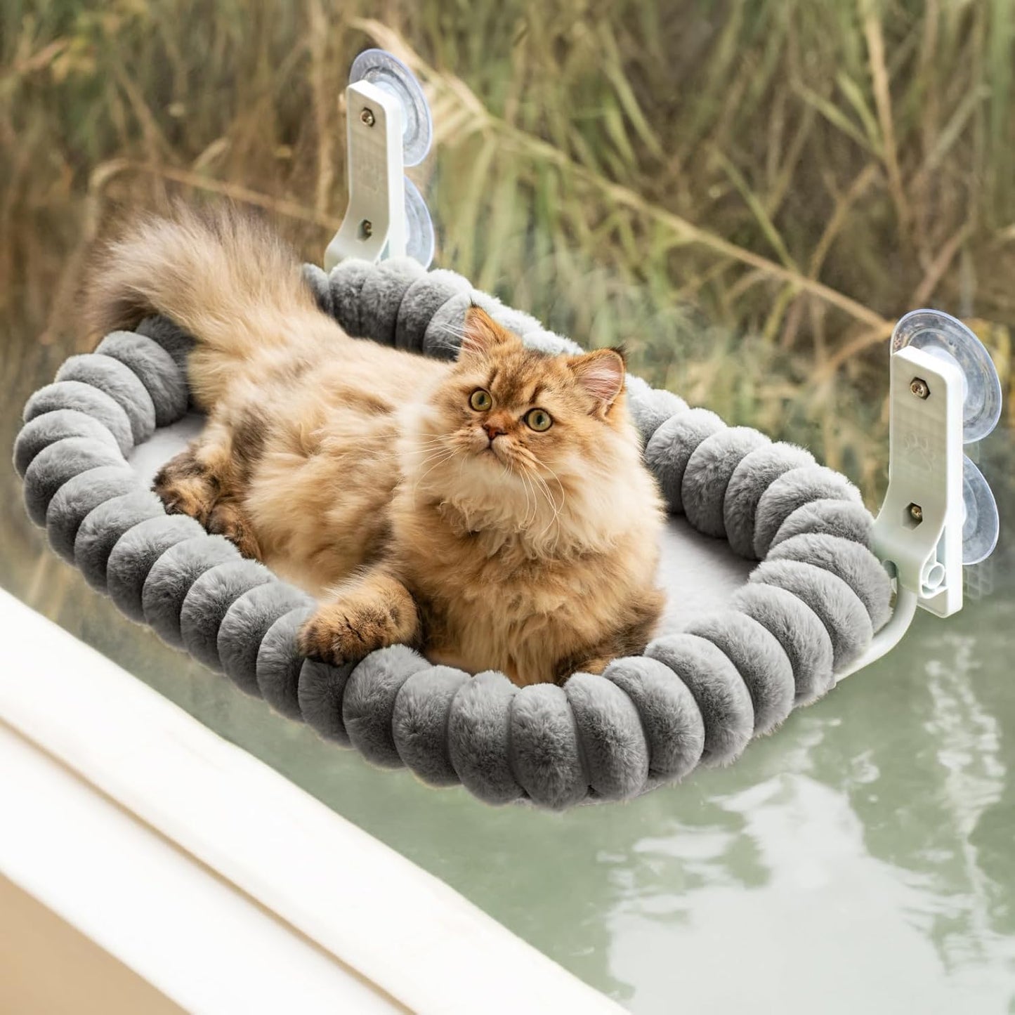 EDAGNY Katzen Fensterliege Hängematte Weich Mit Abnehmbarem Wendebezug - Katzen Hängematte Fenster Mit Stabiles Stahlgestell Halt Bis 18Kg, Creme M