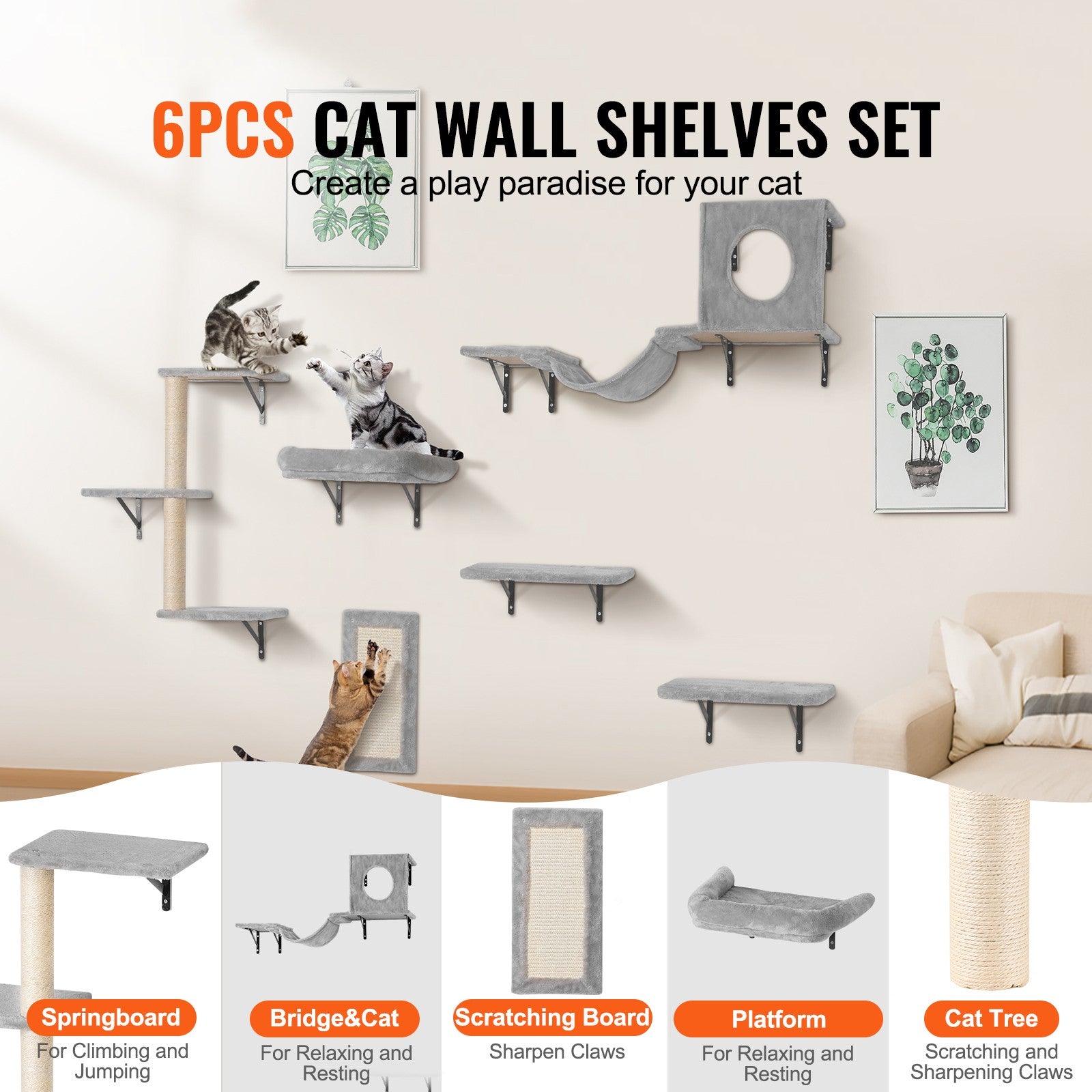 Kletterwand Katzen Wandliege Katzenliege Katzenbett Katzenregal 6Er-Set