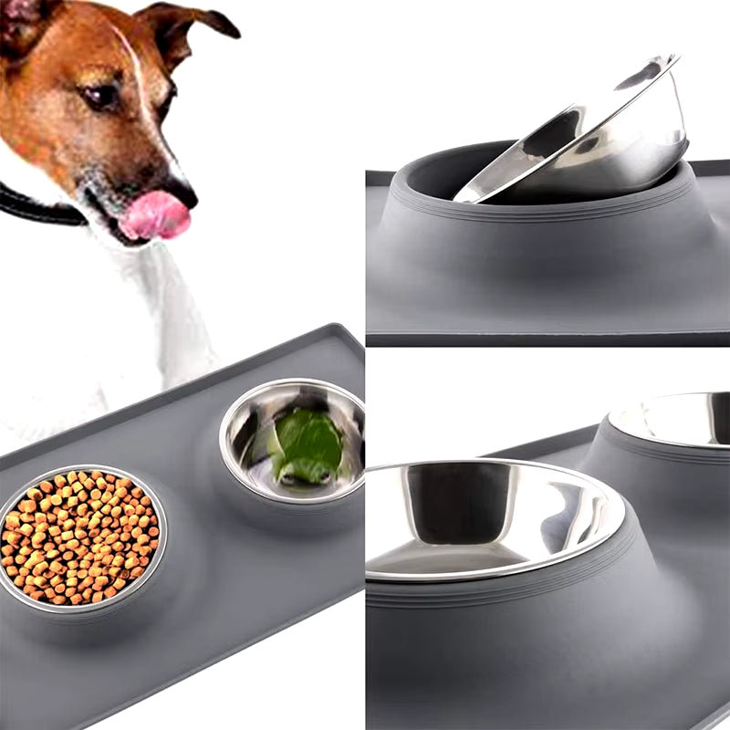 Stainless Steel Double Dog Bowl with Silicone Mat Nontoxic Nonslip No Spill Pet Water Food Bowl Cat Puppy Feed Drinking